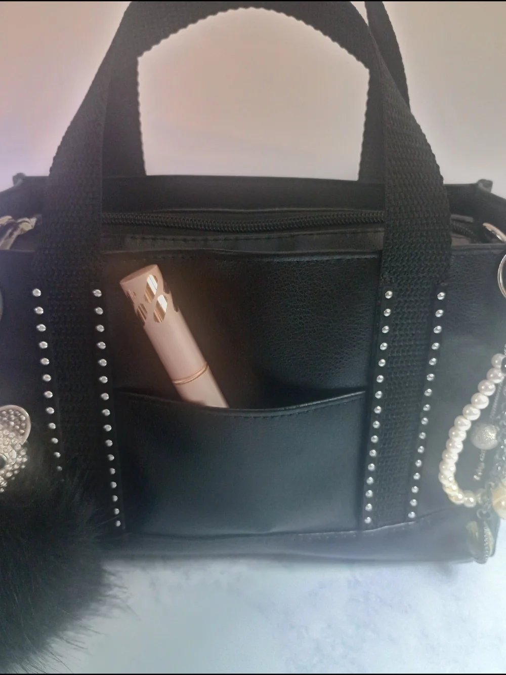 Handmade Black Vinyl Handbag With Removable Charms, Christmas, Birthday Gift